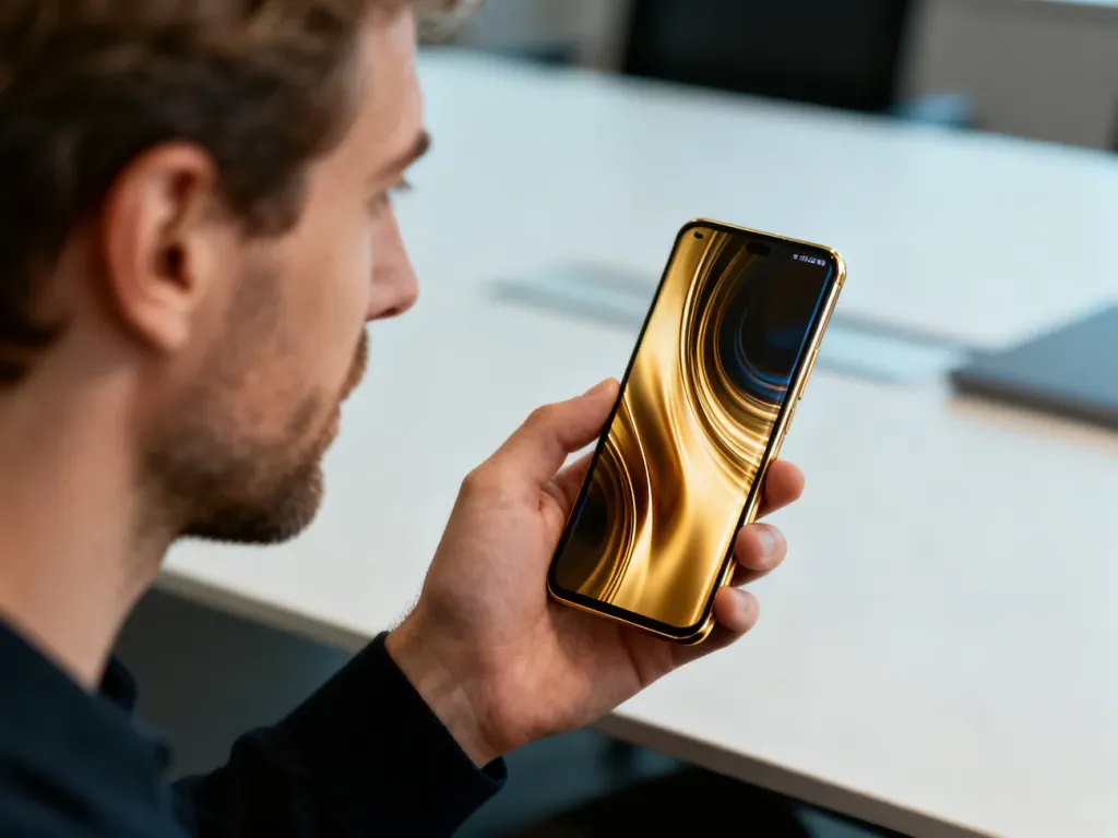 Mężczyzna trzymający w dłoni smartfon Motorola edge 50 z zakrzywionym wyświetlaczem na tle minimalistycznego biura.