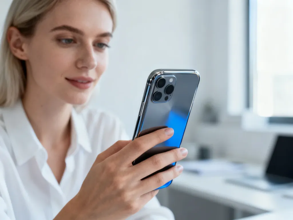 Kobieta trzymająca w dłoni nowoczesny smartfon Samsung Galaxy A13 w jasnym, minimalistycznym biurze.
