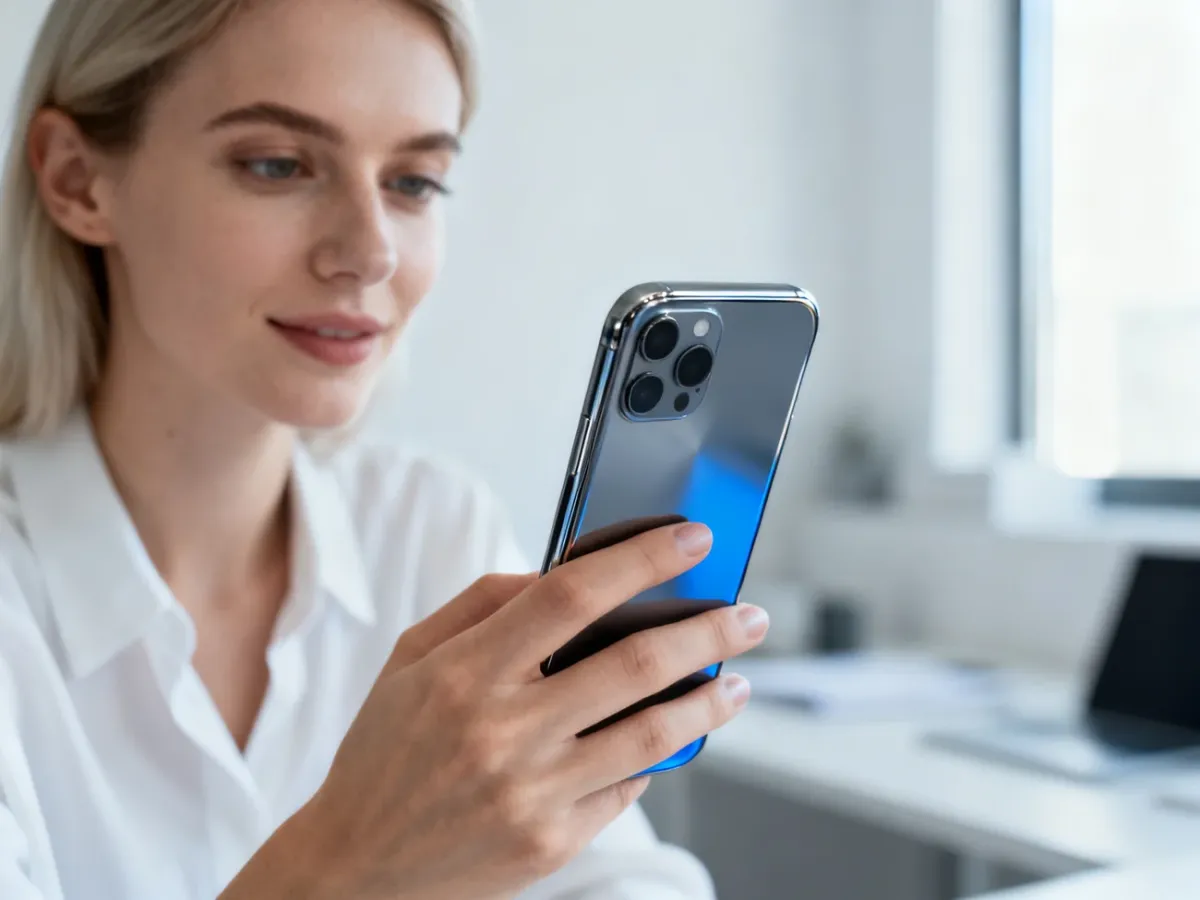 Kobieta trzymająca w dłoni nowoczesny smartfon Samsung Galaxy A13 w jasnym, minimalistycznym biurze.