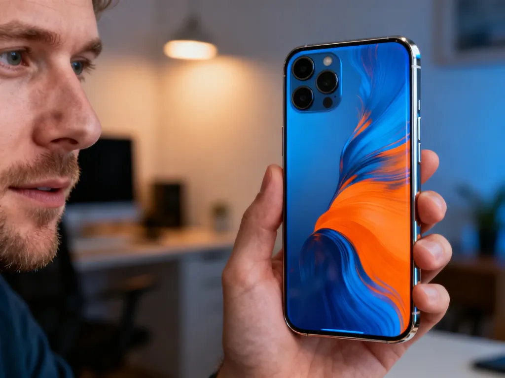 Nowoczesny smartfon Samsung Galaxy z wyraźnym ekranem i detalami obudowy trzymany w dłoni w domowym biurze.
