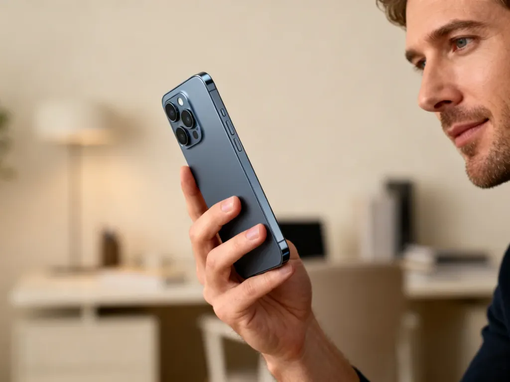 Mężczyzna trzymający w dłoni nowoczesny smartfon Xiaomi Redmi Note 9 na tle domowego biura.
