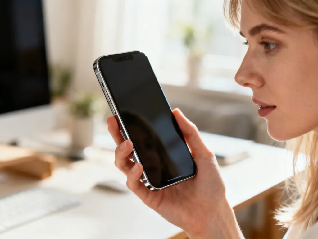 Kobieta trzymająca w dłoni nowoczesny smartfon iPhone SE w jasnym, domowym biurze.