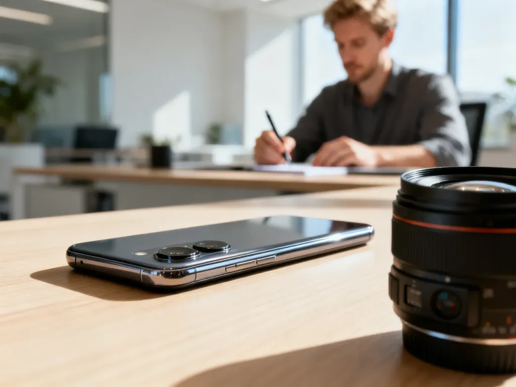 Smartfon Realme C67 leżący na drewnianym biurku w nowoczesnym biurze, z widocznym modułem aparatu.