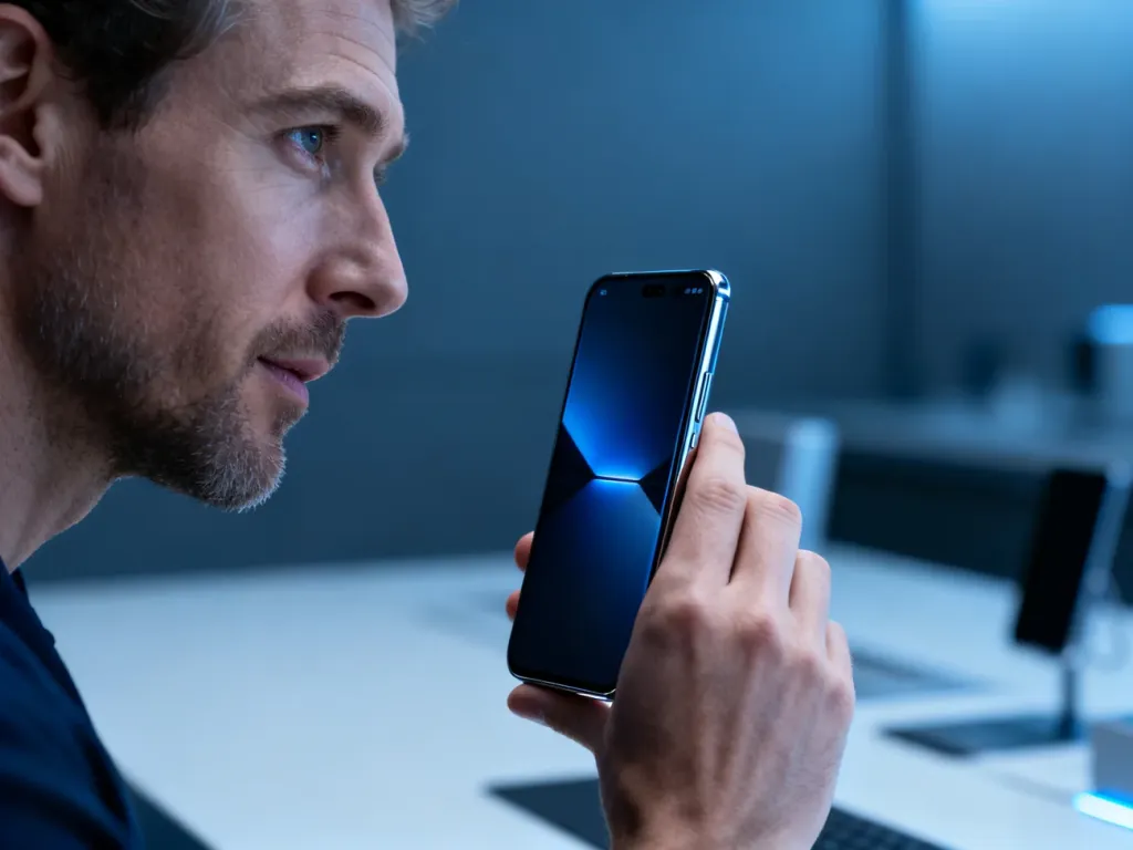 Mężczyzna trzymający nowoczesny smartfon Xiaomi z wyraźnym wyświetlaczem na tle minimalistycznego biura.