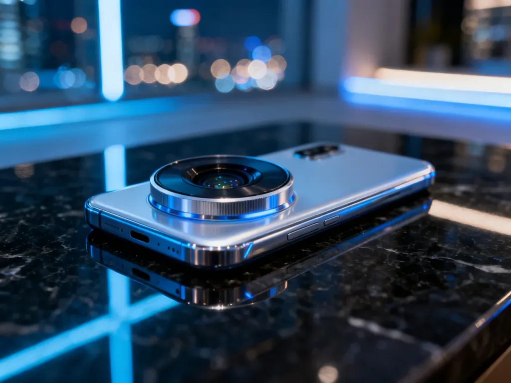 Elegancki smartfon Vivo X300 Ultra z zaawansowanym modułem aparatu na ciemnym, błyszczącym tle w miejskiej scenerii.