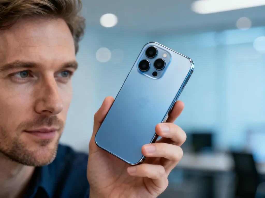Mężczyzna trzymający w dłoni iPhone’a 14 Pro, prezentujący zaawansowany system trzech obiektywów aparatu.