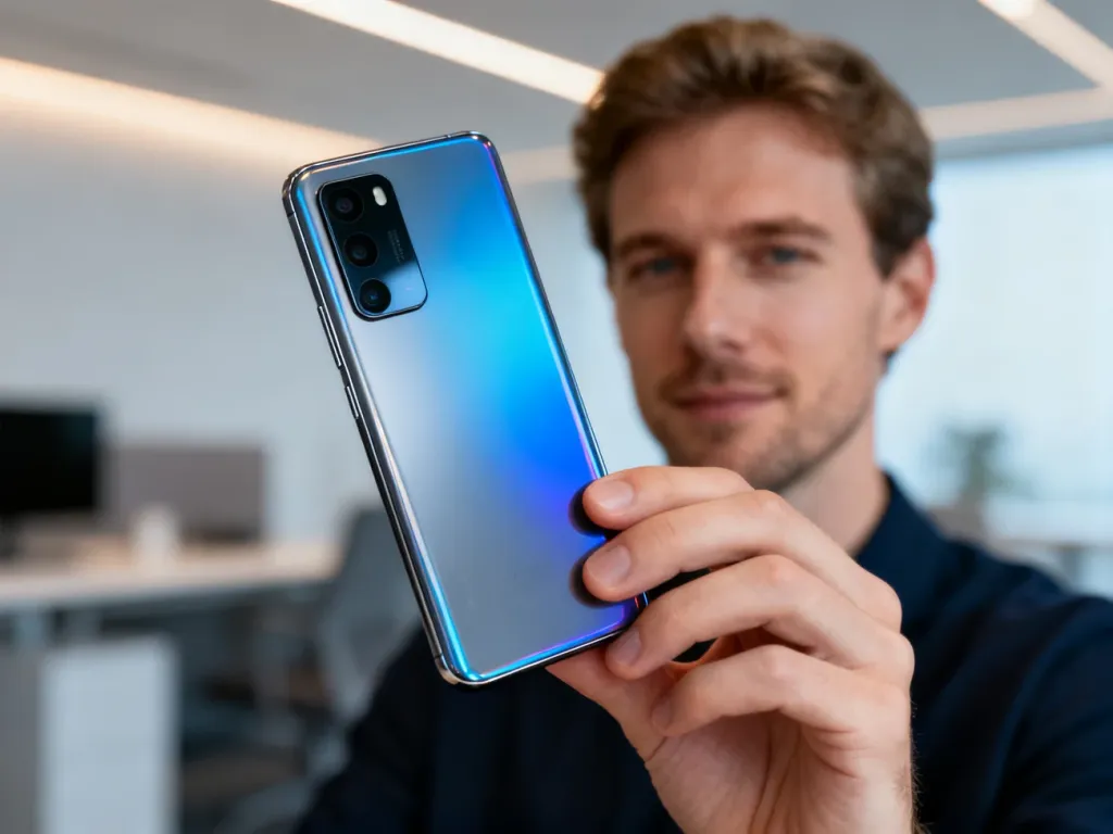 Nowoczesny smartfon Motorola g86 power trzymany w dłoni na tle minimalistycznego biura, prezentujący smukły design.