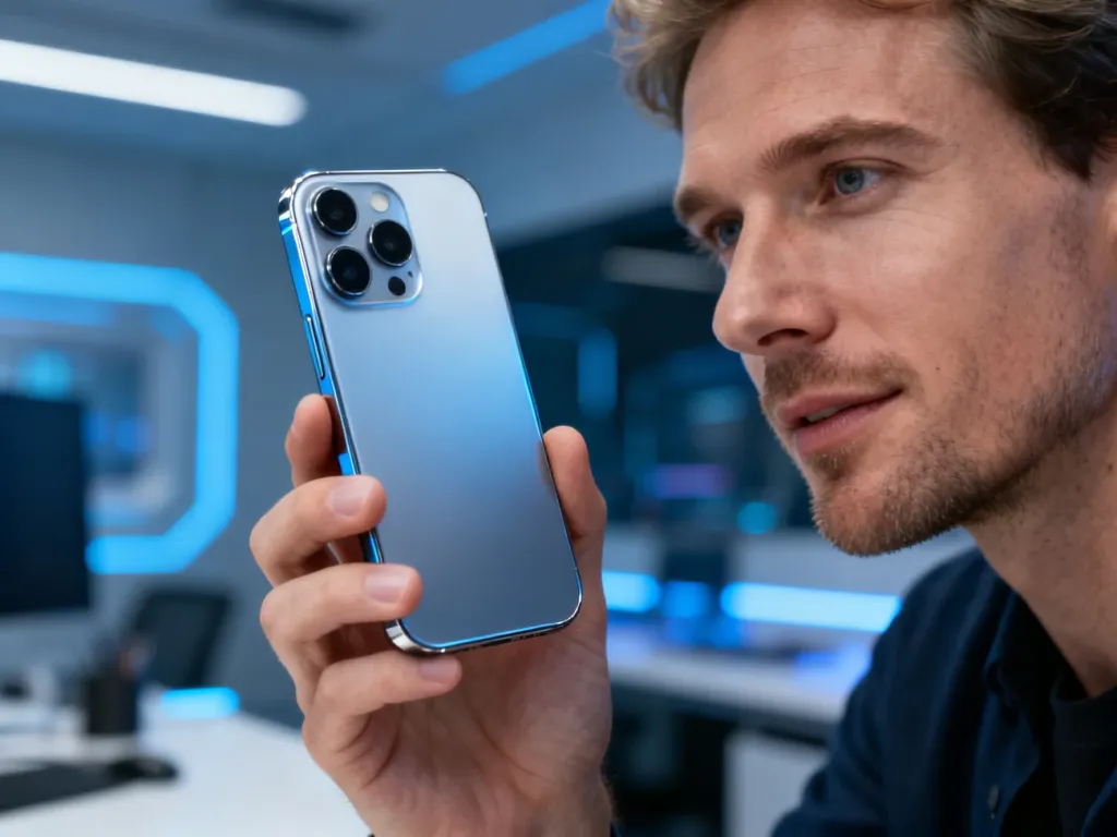 Nowoczesny smartfon z zaawansowanym aparatem trzymany w dłoni na tle futurystycznego biura.