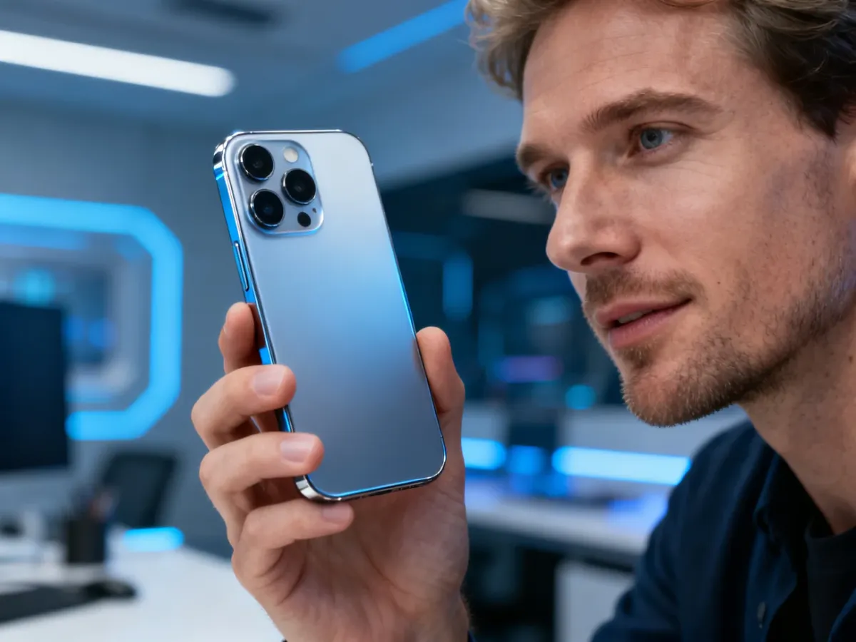 Nowoczesny smartfon z zaawansowanym aparatem trzymany w dłoni na tle futurystycznego biura.
