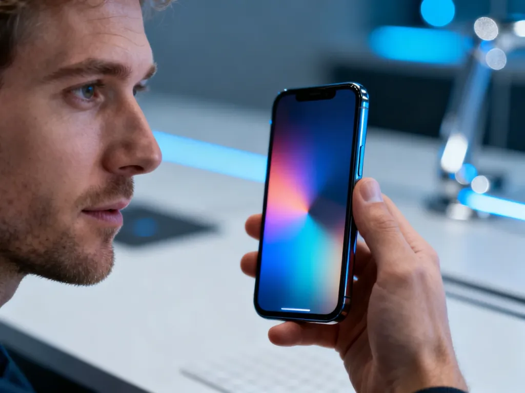 Mężczyzna trzymający w dłoni nowoczesny smartfon Xiaomi Redmi Note 13 Pro z podświetlonym ekranem w minimalistycznym biurze.