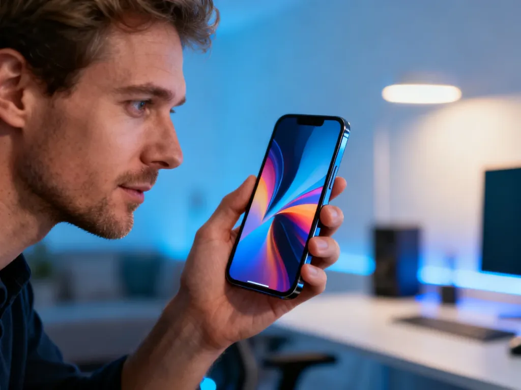 Mężczyzna trzymający nowoczesny smartfon Samsung Galaxy S23 z kolorową tapetą na ekranie w tle domowego biura.