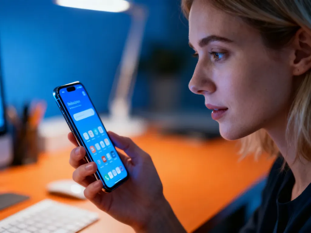 Kobieta trzymająca w dłoni smartfon Samsung S21 FE z wyraźnym, kolorowym wyświetlaczem na tle minimalistycznego biura.