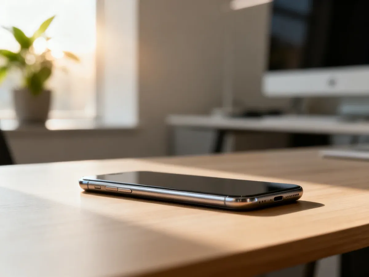 Elegancki iPhone 6 leżący na minimalistycznym drewnianym biurku w jasnym, nowoczesnym wnętrzu.