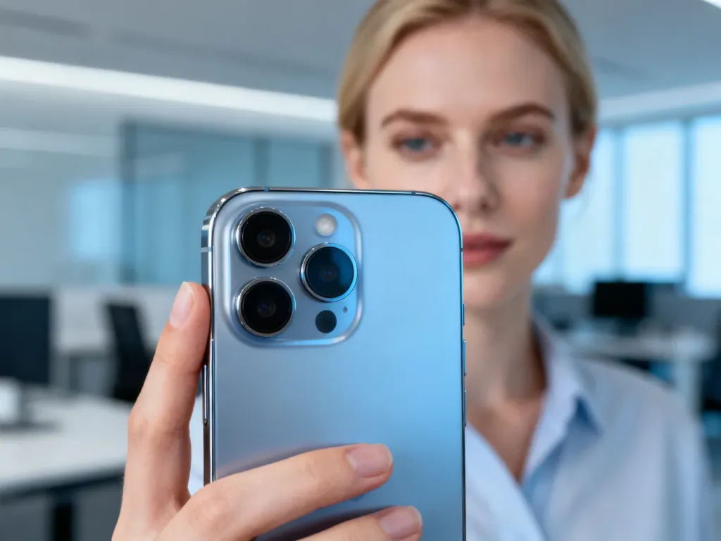 Kobieta trzymająca iPhone'a 11 Pro, eksponująca potrójny moduł aparatu w profesjonalnym, minimalistycznym otoczeniu.