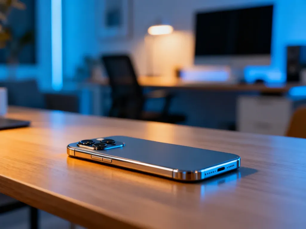 Nowoczesny smartfon Realme C75 leżący na drewnianym biurku, ukazujący detale modułu aparatu i metalowej ramki obudowy.