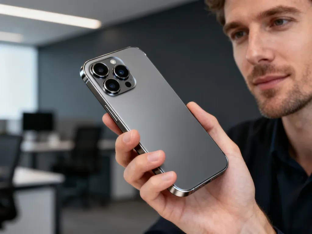 Zbliżenie na Samsunga Galaxy S24 Ultra z tytanową ramką i zaawansowanym zestawem aparatów trzymanego w dłoni.