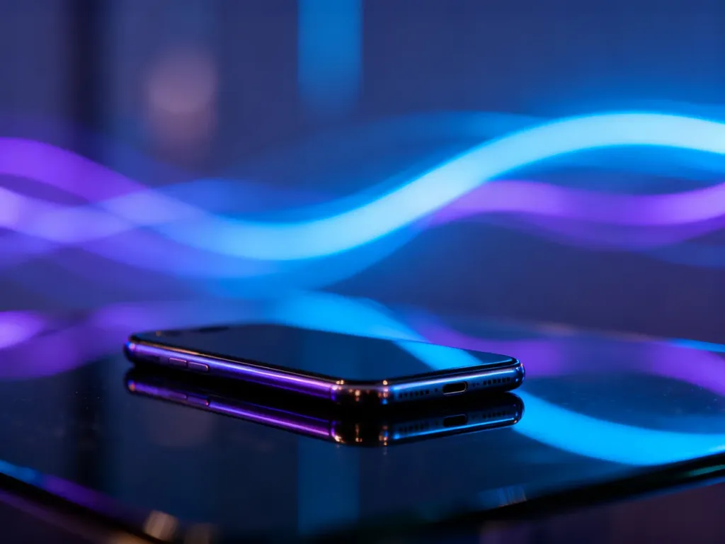 Nowoczesny smartfon OnePlus Nord 5 na eleganckim, ciemnym podłożu w otoczeniu futurystycznych, świetlnych refleksów.