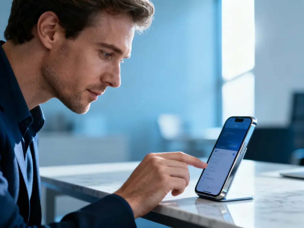 Nowoczesny smartfon leżący na marmurowym biurku, obsługiwany przez mężczyznę w jasnym, biurowym wnętrzu.