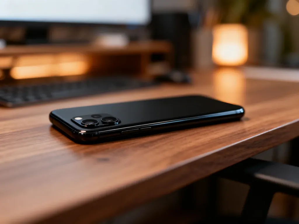 Nowoczesny smartfon LG K50s leżący na minimalistycznym drewnianym biurku w przytulnym domowym biurze.