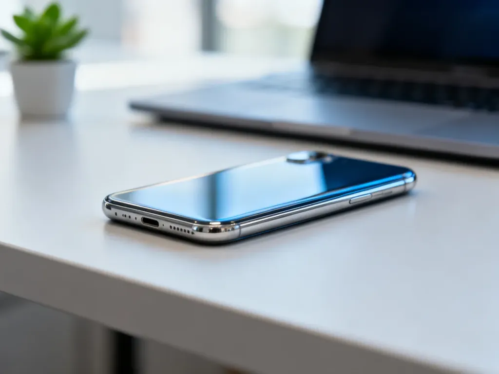 Smartfon Xiaomi Redmi Note 8 leżący na minimalistycznym biurku z widoczną szklaną obudową w profesjonalnym ujęciu.