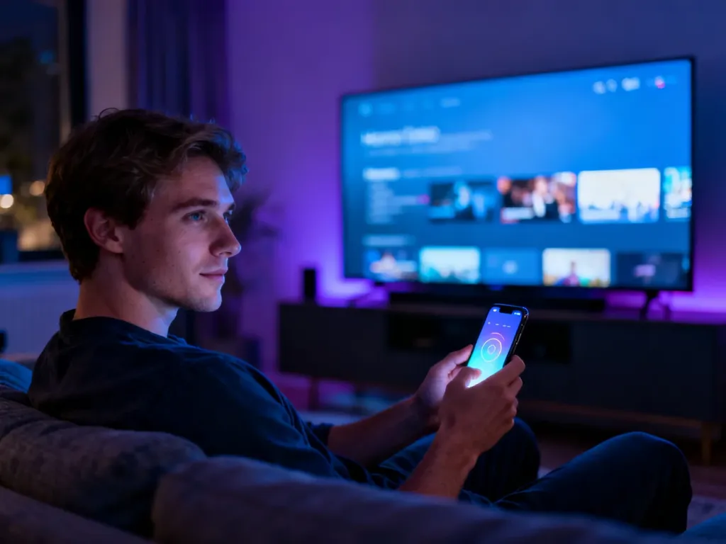 Młody mężczyzna siedzi na kanapie w nowoczesnym salonie i korzysta ze smartfona, przygotowując się do oglądania HBO Max.
