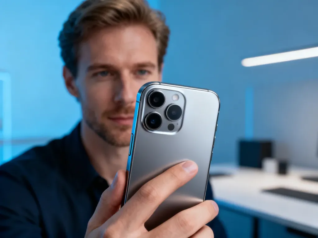 Mężczyzna trzymający iPhone’a 15 Pro z tytanową obudową, prezentujący zaawansowany system aparatów urządzenia.