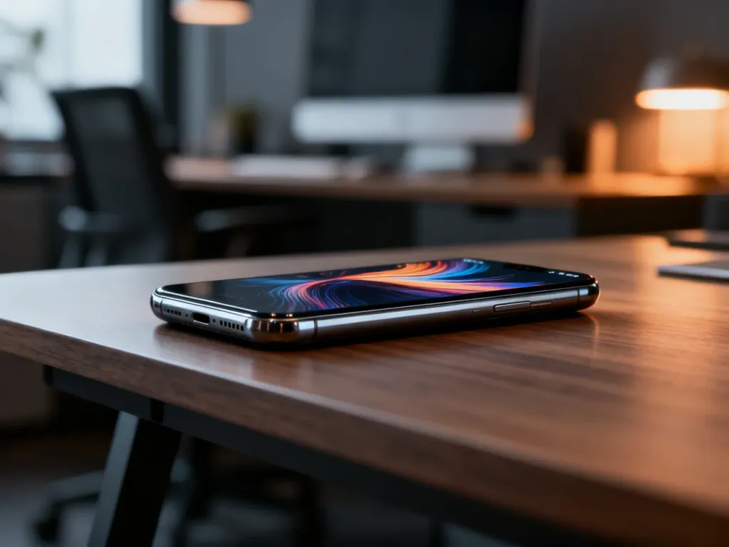 Elegancki iPhone XS leżący na drewnianym biurku w nowoczesnym domowym biurze.