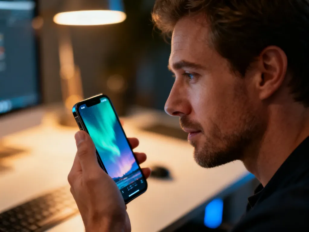 Mężczyzna trzymający nowoczesny smartfon z wyraźnym ekranem w minimalistycznym biurze.