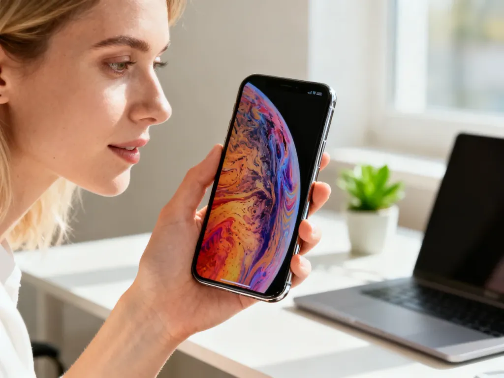 Smartfon Redmi Note 11 Pro z kolorową tapetą trzymany w dłoni na tle jasnego, nowoczesnego biura.