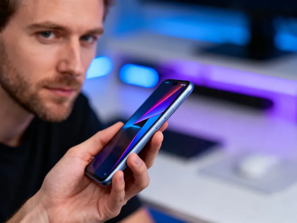 Mężczyzna trzymający smartfon Poco X5 z wyraźnym, kolorowym ekranem na tle nowoczesnego, minimalistycznego biura.