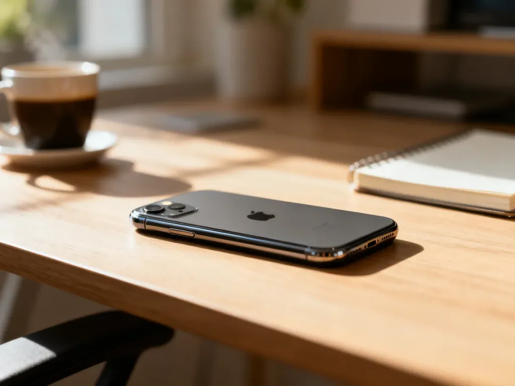 iPhone 11 leżący na drewnianym biurku w promieniach porannego słońca, podkreślający nowoczesny design urządzenia.