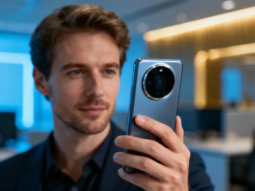 Mężczyzna trzyma w dłoni smartfon Realme 12 Pro, prezentując jego elegancki design i charakterystyczny moduł aparatu.