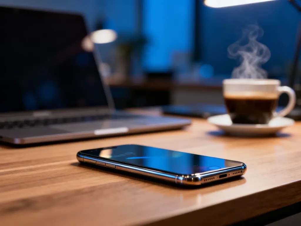 Nowoczesny smartfon Motorola g15 leżący na drewnianym biurku w przytulnym domowym biurze.