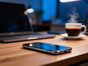Smartfon Realme 12 Pro Plus z charakterystycznym okrągłym modułem aparatu trzymany w dłoni na tle nowoczesnego studia.