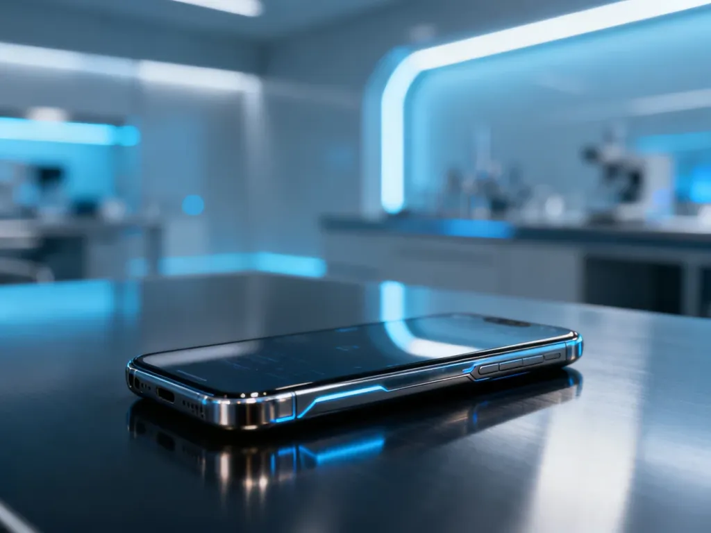 Nowoczesny smartfon Poco X7 Pro leżący na metalicznej powierzchni w futurystycznym, laboratoryjnym otoczeniu.