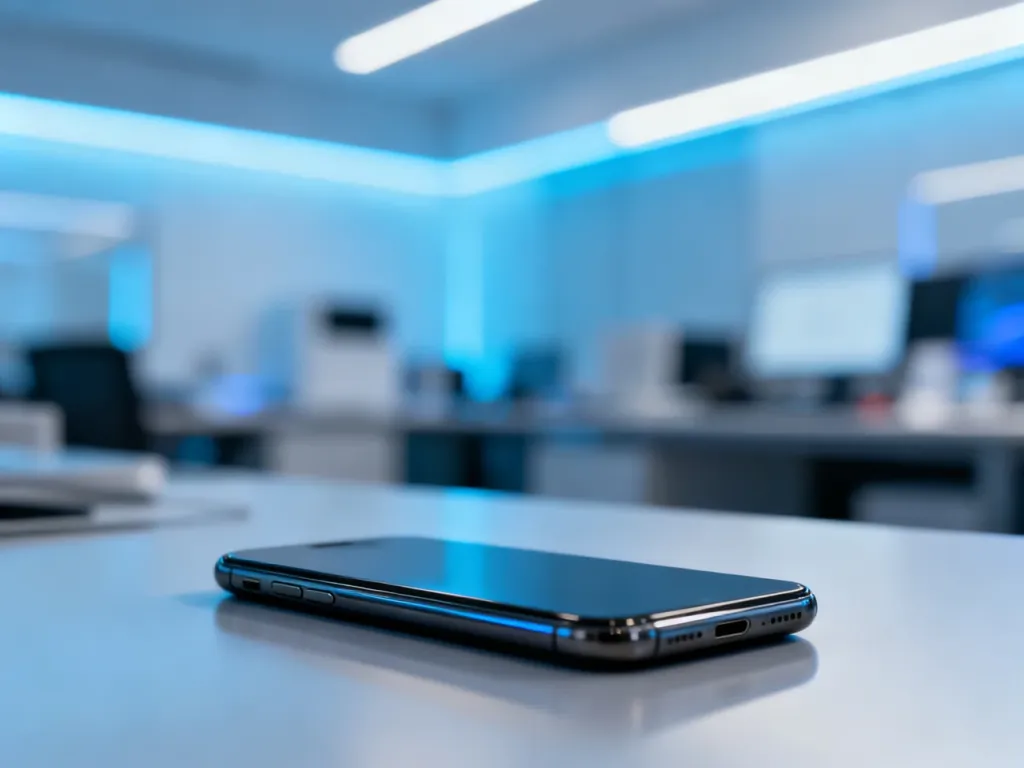 Nowoczesny smartfon leżący na minimalistycznym biurku w profesjonalnym, technologicznym otoczeniu.