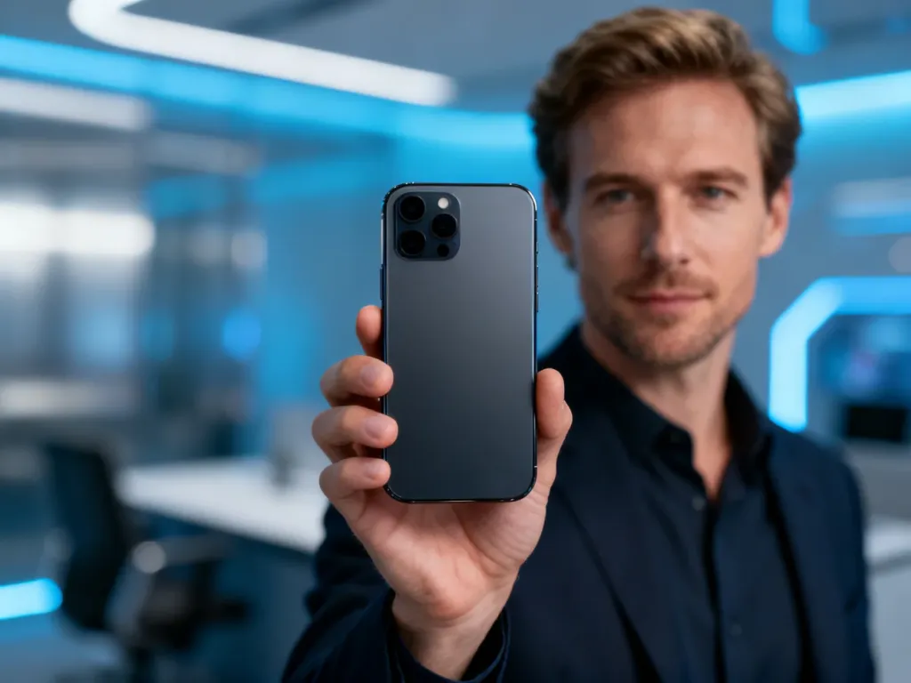Mężczyzna trzyma nowoczesny smartfon Samsung, prezentując jego minimalistyczny design w profesjonalnym biurowym otoczeniu.
