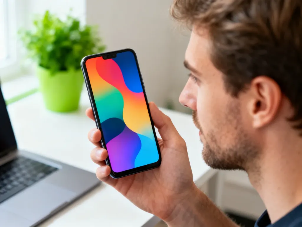 Mężczyzna trzymający w dłoni smartfon Redmi 12c z kolorową grafiką na ekranie na tle domowego biura.