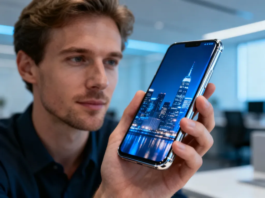 Nowoczesny smartfon Xiaomi z wyraźnym ekranem trzymany w dłoni na tle minimalistycznego biura.