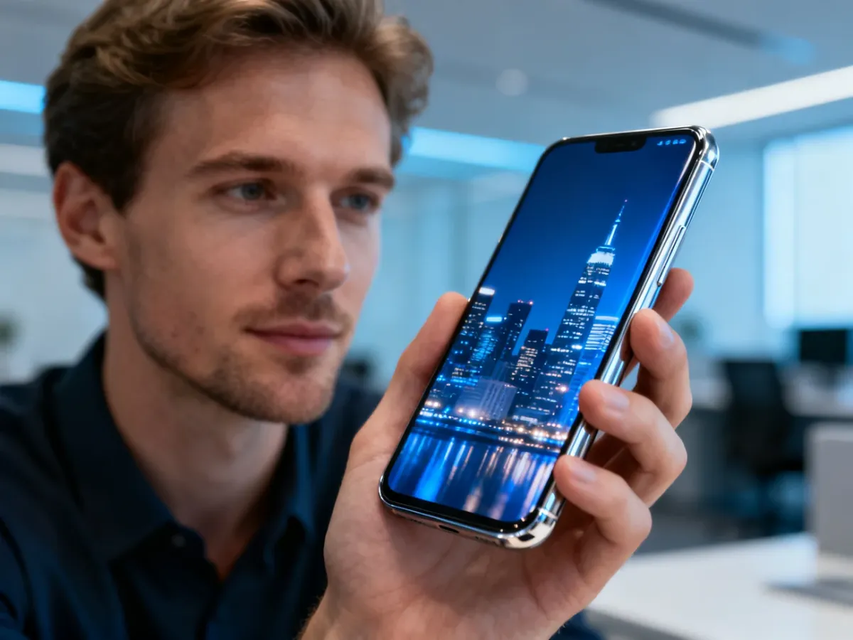 Nowoczesny smartfon Xiaomi z wyraźnym ekranem trzymany w dłoni na tle minimalistycznego biura.