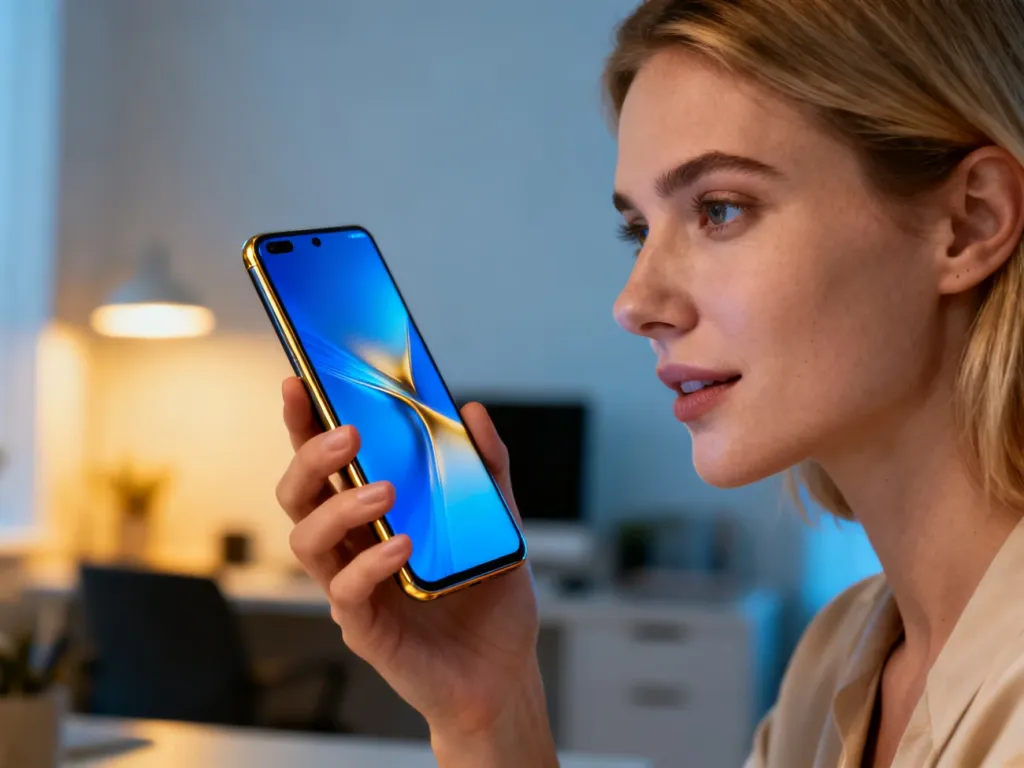 Nowoczesny smartfon Samsung z wyraźnym wyświetlaczem trzymany w dłoni na tle minimalistycznego domowego biura.