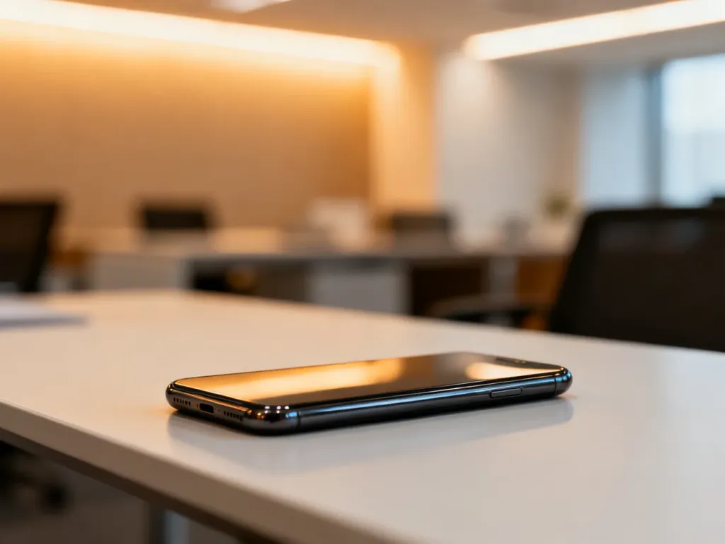 Nowoczesny smartfon Redmi 14c z błyszczącą obudową, wyeksponowany na minimalistycznym biurku w jasnym biurze.