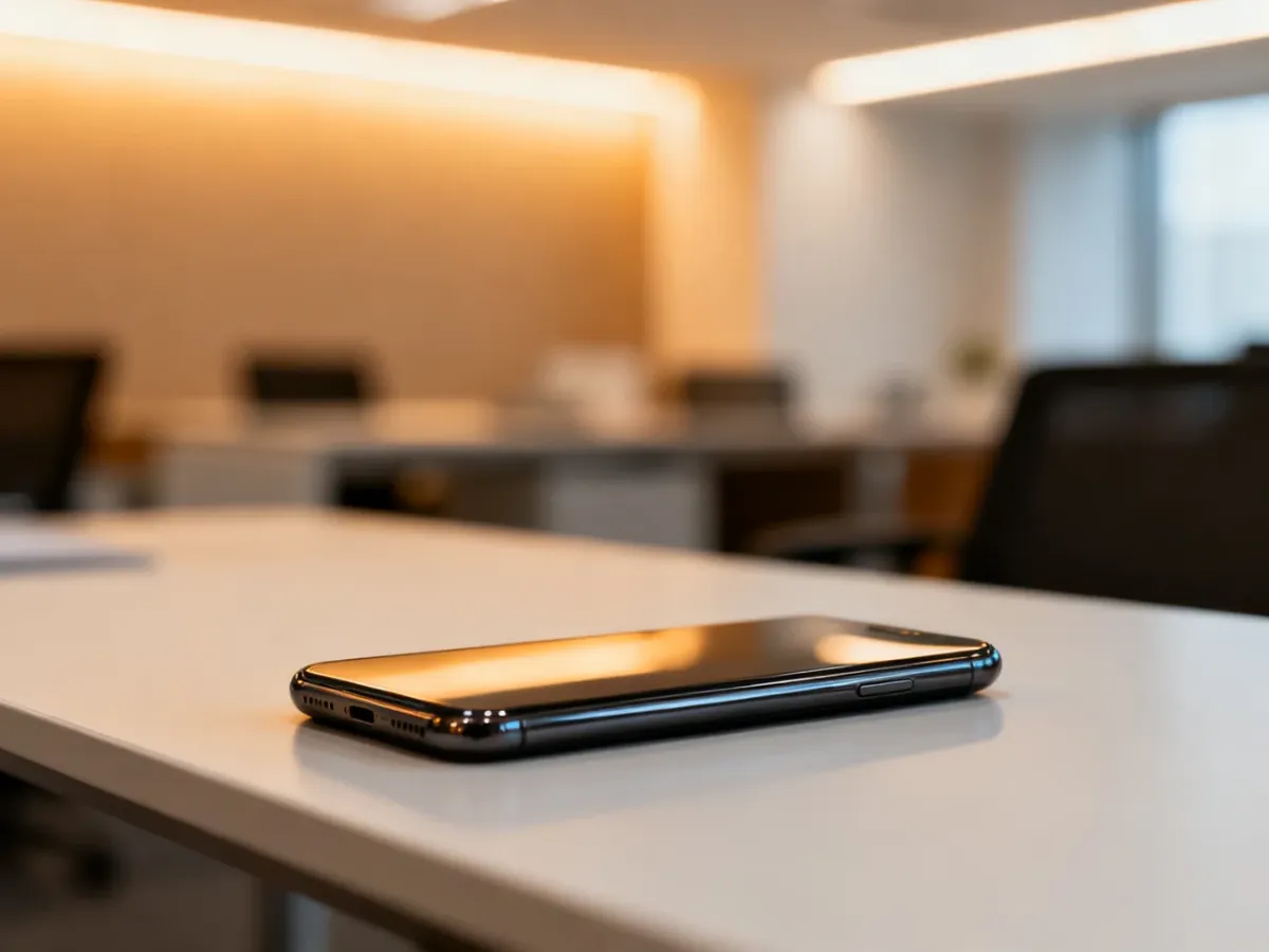 Nowoczesny smartfon Redmi 14c z błyszczącą obudową, wyeksponowany na minimalistycznym biurku w jasnym biurze.