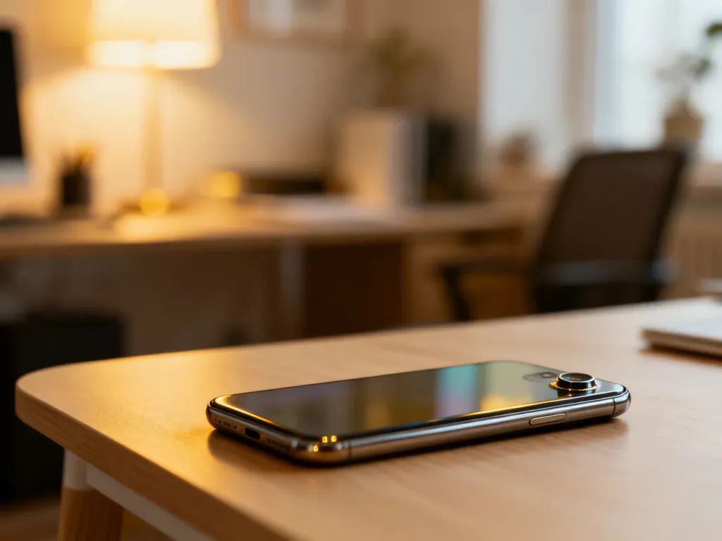 Samsung Galaxy S20 leżący na drewnianym biurku w przytulnym domowym biurze. Profesjonalne ujęcie smartfona.