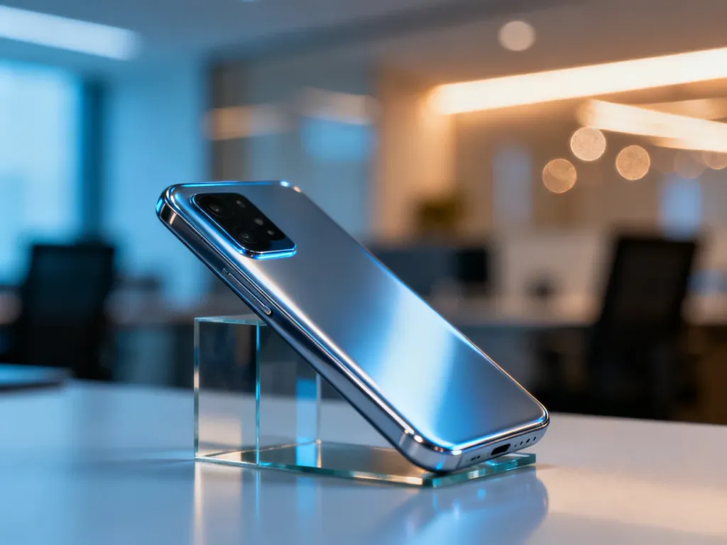 Nowoczesny smartfon Honor 600 Pro z metalicznym wykończeniem, wyeksponowany na minimalistycznej szklanej podstawce.