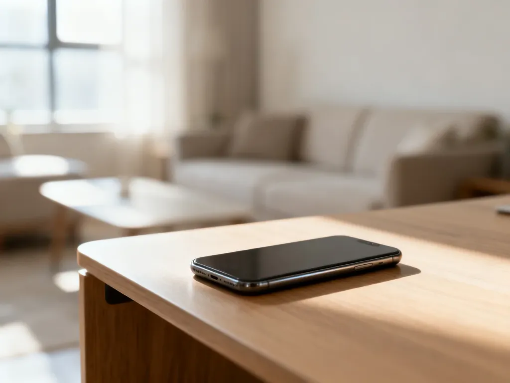 Nowoczesny smartfon Xiaomi Redmi 15 leżący na minimalistycznym drewnianym biurku w jasnym, słonecznym wnętrzu.