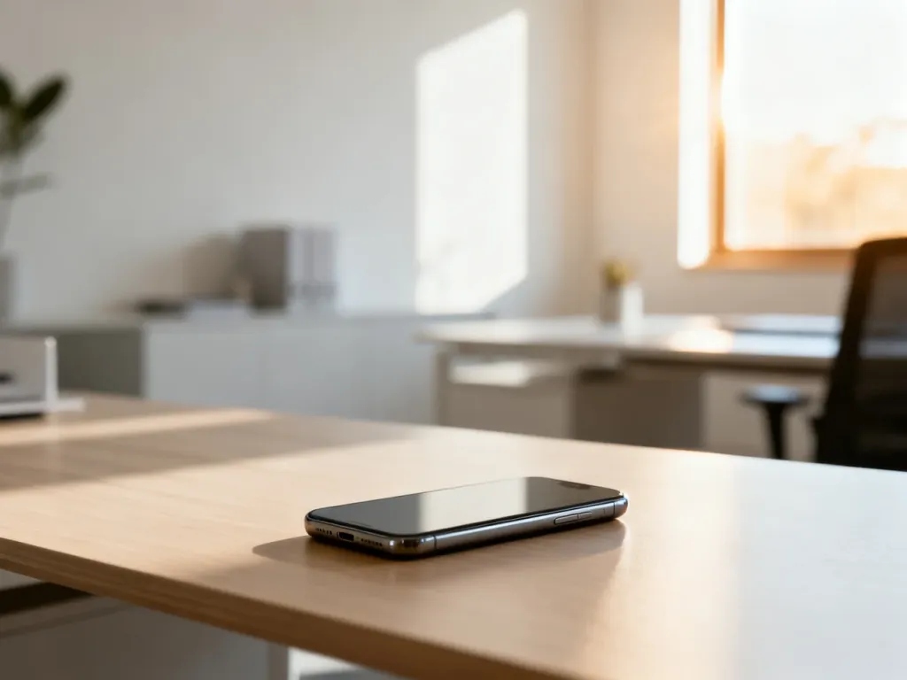 Nowoczesny smartfon leżący na minimalistycznym drewnianym biurku w jasnym, słonecznym domowym biurze.