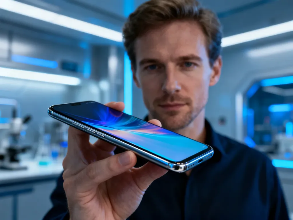 Nowoczesny smartfon Realme GT 8 Pro z wyraźnym wyświetlaczem trzymany w dłoni na tle futurystycznego laboratorium.