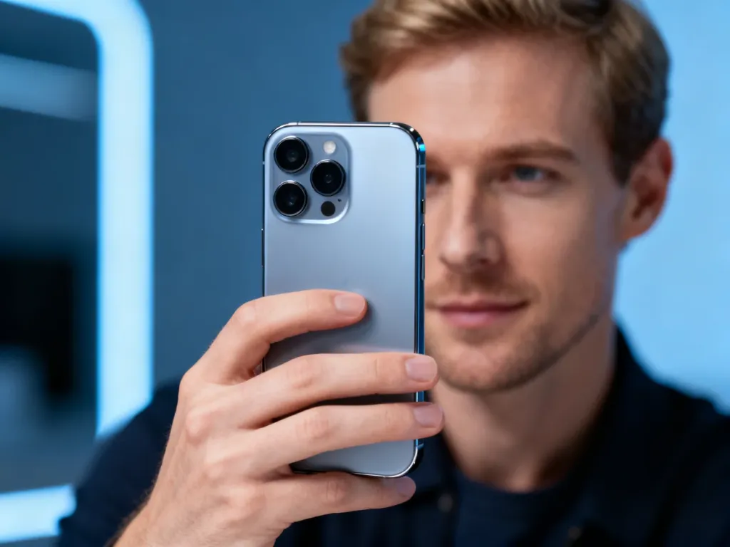 Mężczyzna trzymający w dłoni smartfon Poco X3, prezentujący nowoczesny design i moduł aparatu urządzenia.
