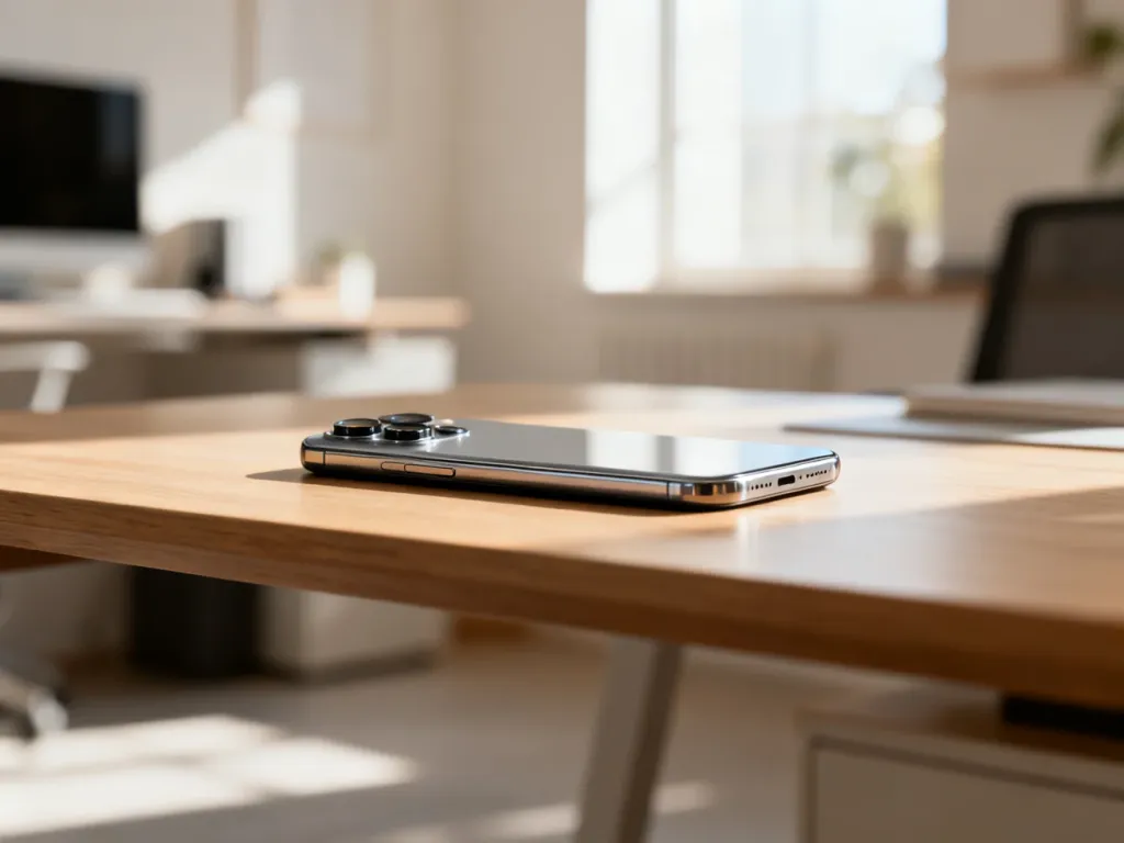 Nowoczesny smartfon Samsung leżący na drewnianym biurku, z wyraźnym wyeksponowaniem modułu aparatu.